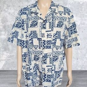 Tribal Southwestern Hawaiian Shirt Mens 2XL Blue Geometric Tropical Vintage USA